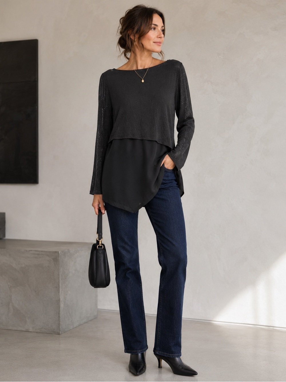 Jules & Leopold Black Layered Asymmetric Tunic Top